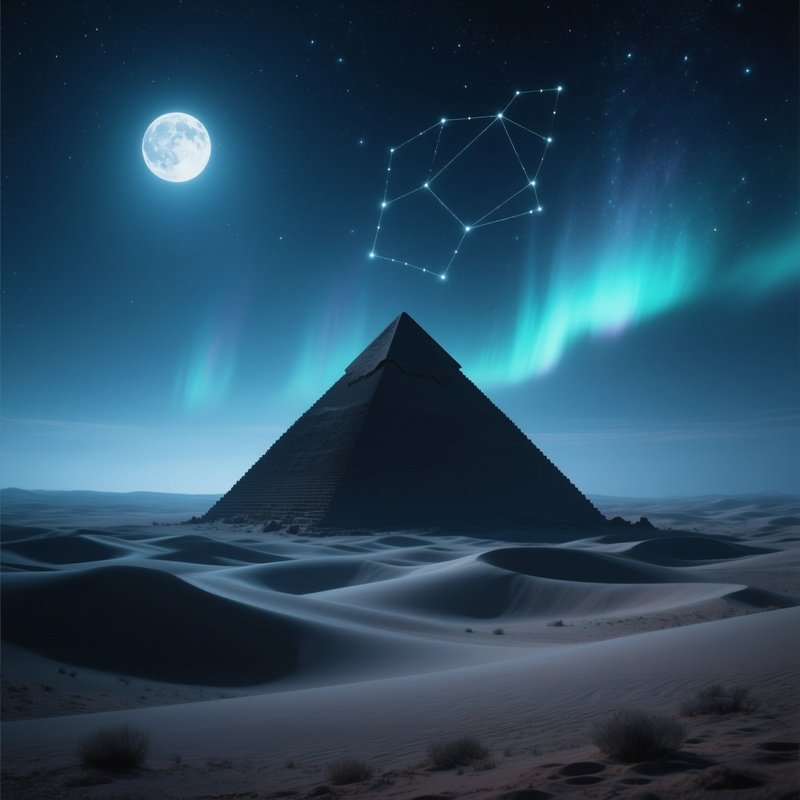 A Moonlit Desert Landscape With A Lone Pyramid Silhouetted Against A Star‑Filled Sky, Soft Dunes