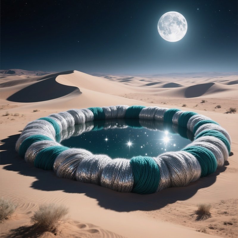 A Moonlit Desert Landscape With Dunes Casting Long Shadows, Highlighted By A Colossal Woolen Oasis