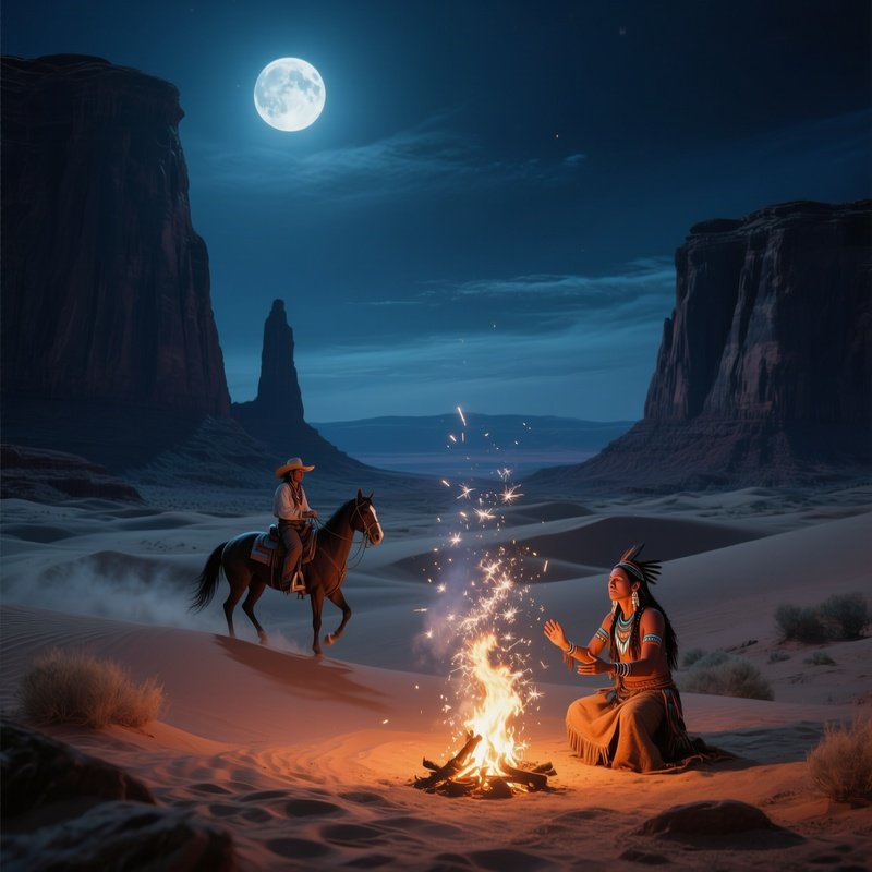 A Moonlit Desert Landscape With Towering Buttes, A Cowboy Rides Slowly Across Sand Dunes, An