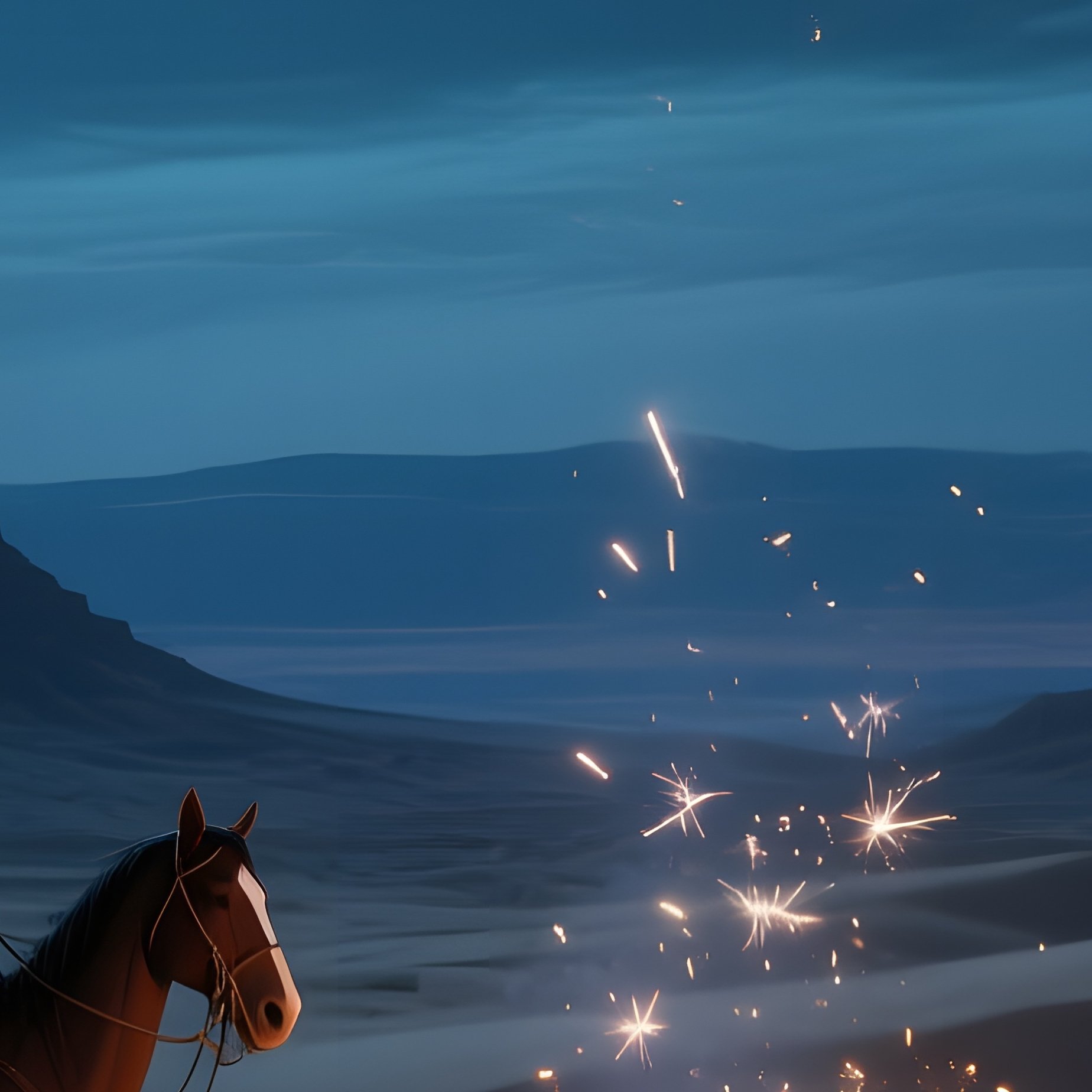 A Moonlit Desert Landscape With Towering Buttes, A Cowboy Rides Slowly Across Sand Dunes, An - Full Resolution Quality Preview