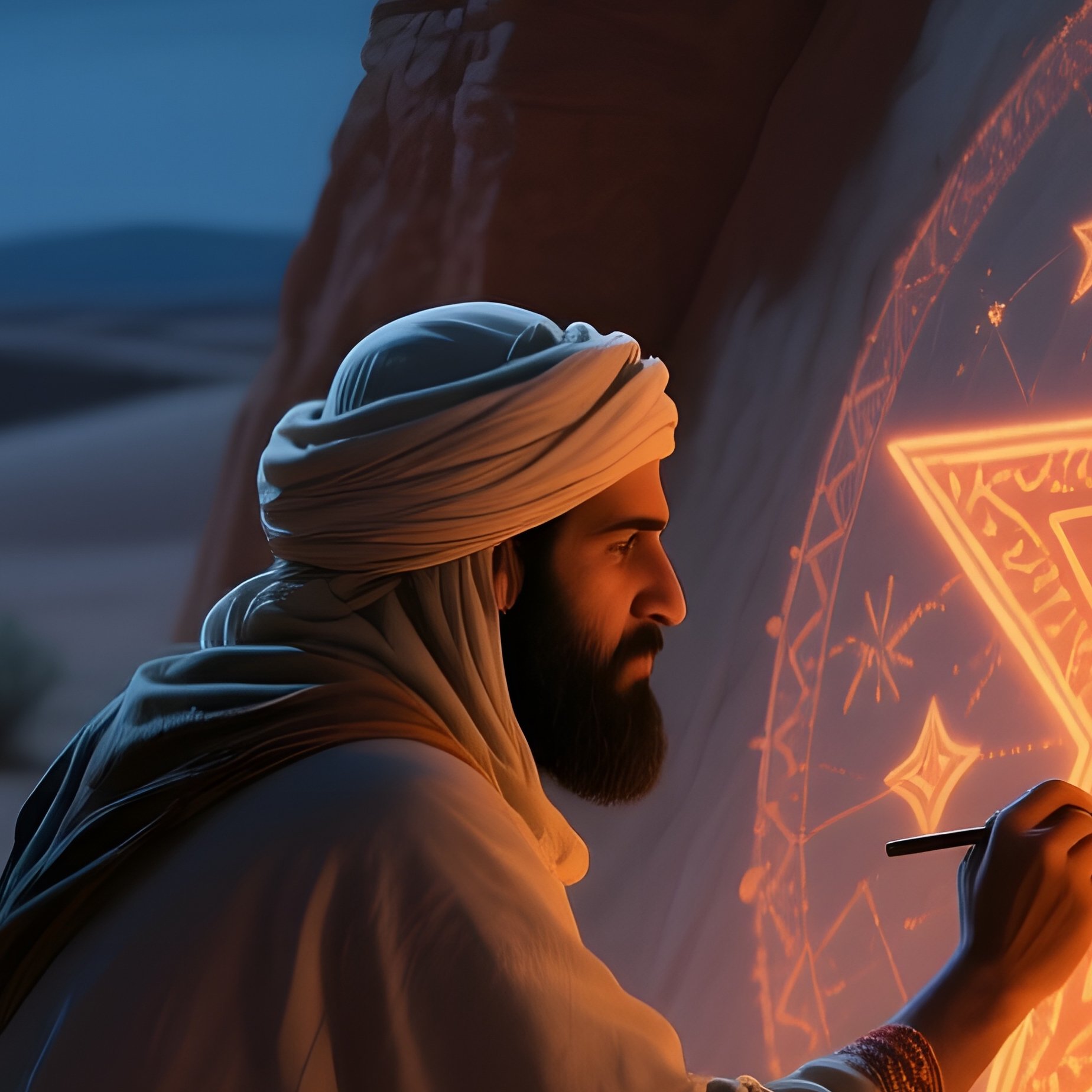 A Moonlit Desert Night Camp, With Fireflies And Lanterns Surrounding A Sandstone Wall Where A Nomad - Full Resolution Quality Preview