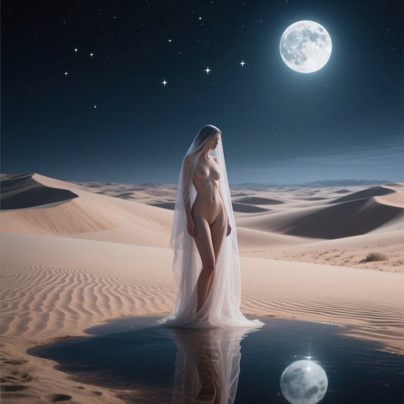 A Moonlit Desert Night With Dunes Stretching Endlessly, A Nude Figure Wrapped In A Sheer Veil,