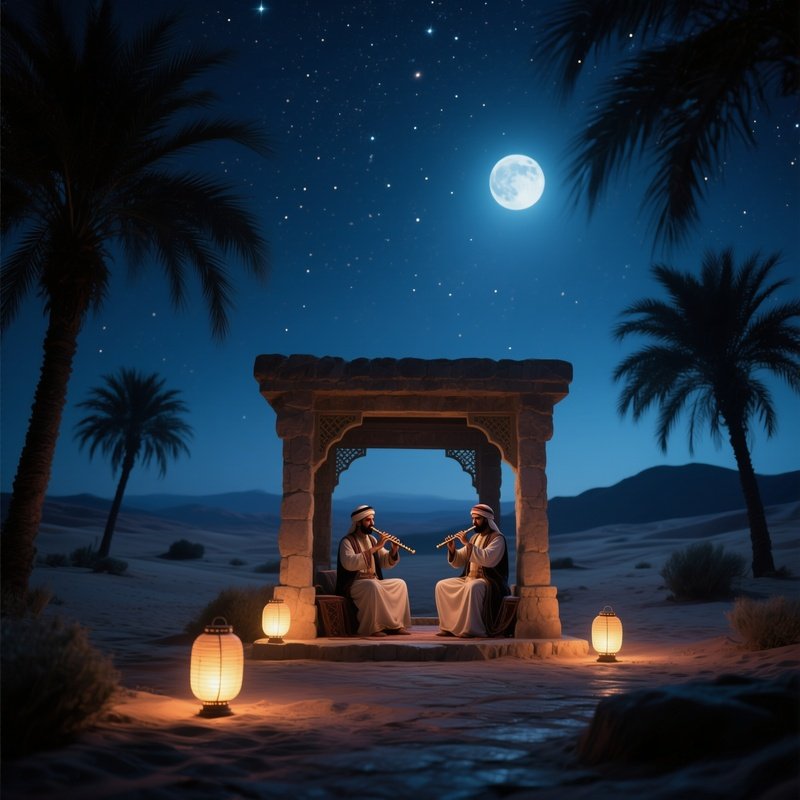 A Moonlit Desert Oasis At Night, Palm Trees Silhouetted Against A Sky Full Of Stars, Soft Lanterns