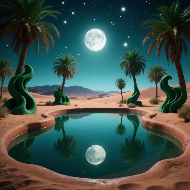 A Moonlit Desert Oasis With A Reflective Clay Pool Surrounded By Palm Trees Sculpted In Deep Green,
