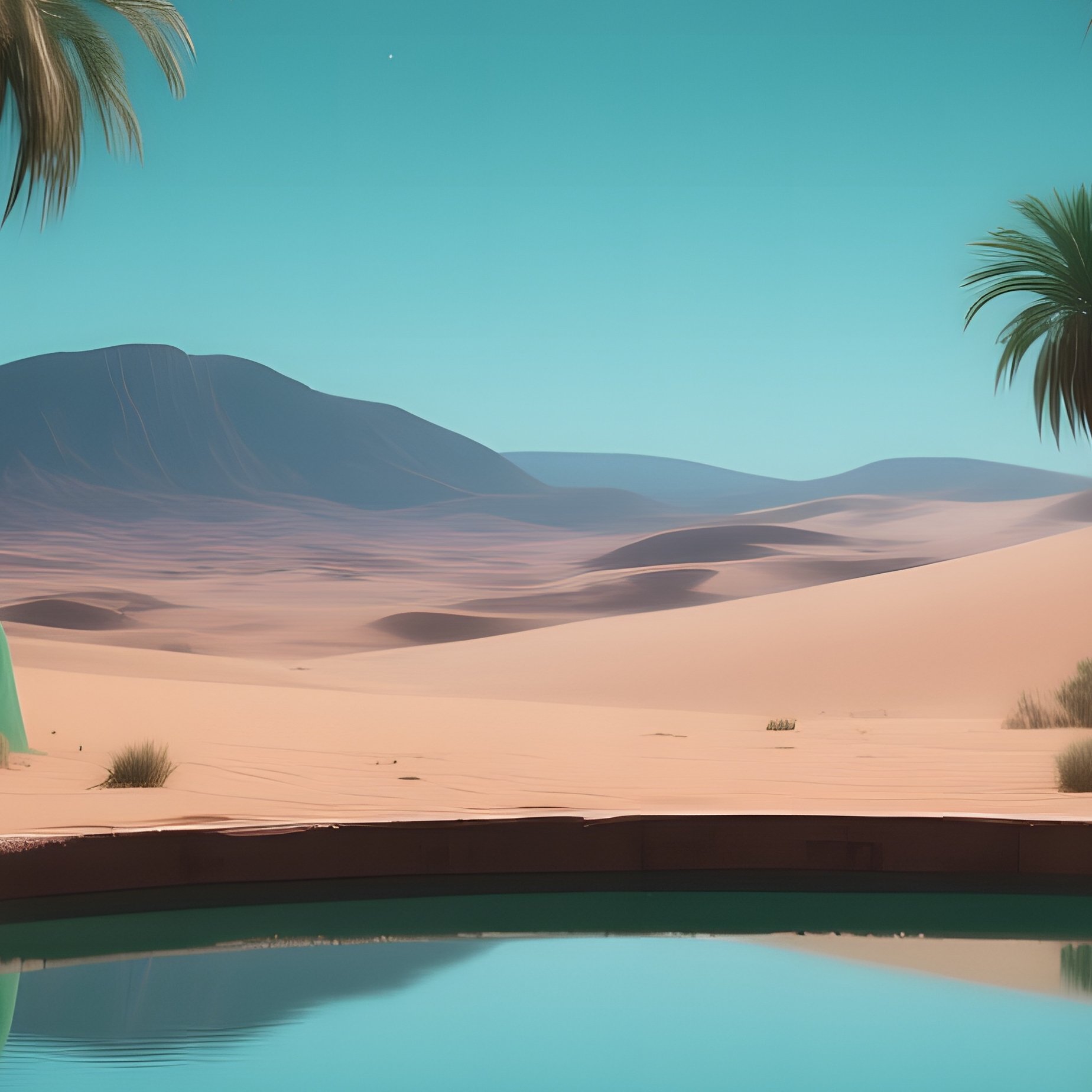 A Moonlit Desert Oasis With A Reflective Clay Pool Surrounded By Palm Trees Sculpted In Deep Green, - Full Resolution Quality Preview