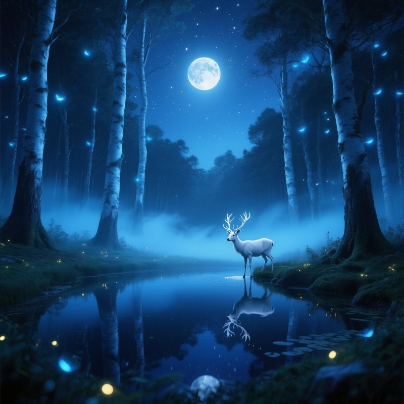 A Moonlit Enchanted Forest Clearing Where Towering Silver Birches Glow With Soft Blue Fireflies, A