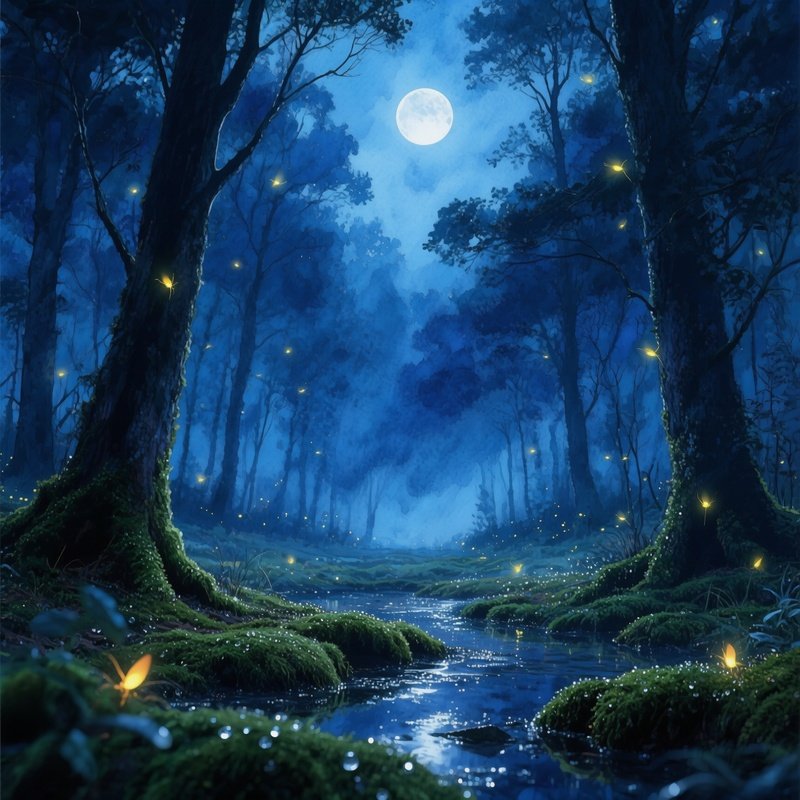 A Moonlit Forest Clearing Illuminated By Fireflies, Deep Indigo And Silver Watercolor Hues, Mossy