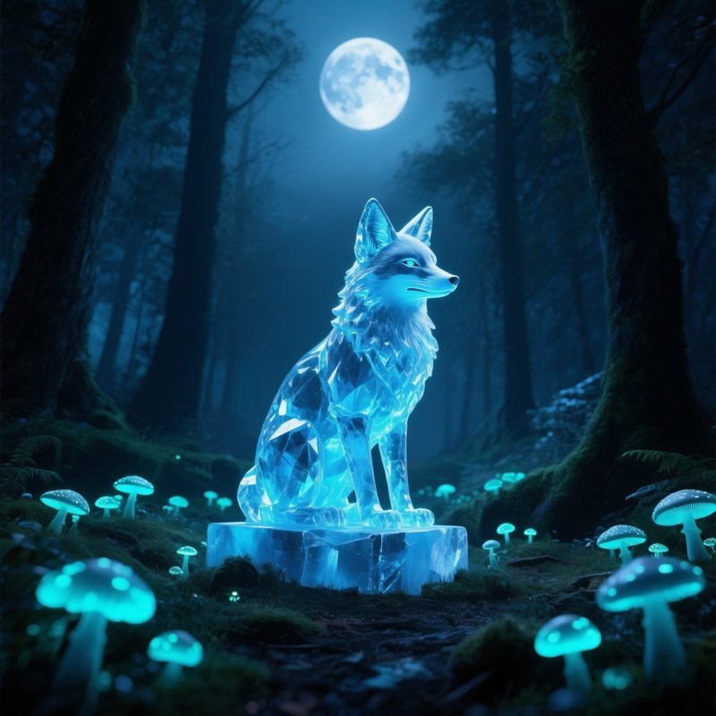 A Moonlit Forest Clearing Where Bioluminescent Fungi Grow Around A Crystaline Ice Statue Of A Fox,