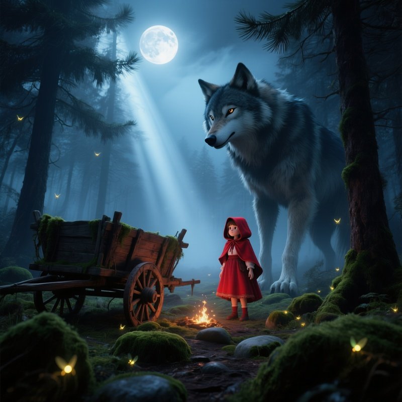 A Moonlit Forest Clearing Where Little Red Riding Hood Meets A Towering Wolf, Shafts Of Silver