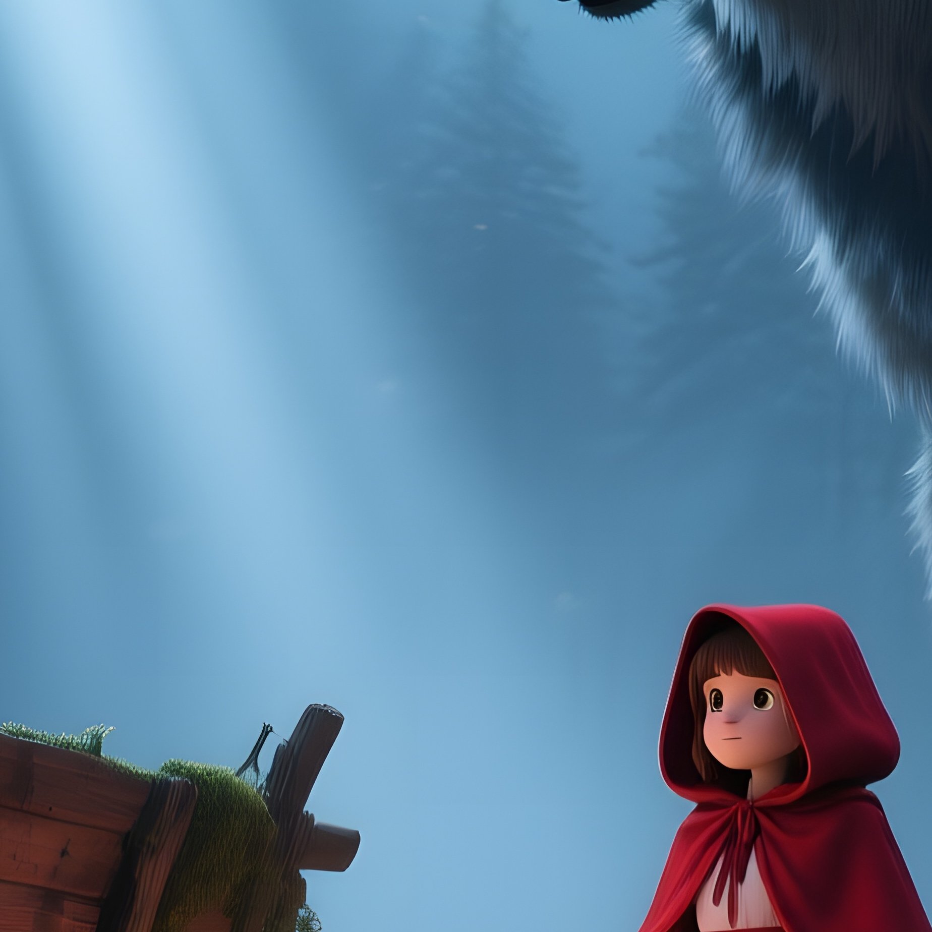 A Moonlit Forest Clearing Where Little Red Riding Hood Meets A Towering Wolf, Shafts Of Silver - Full Resolution Quality Preview