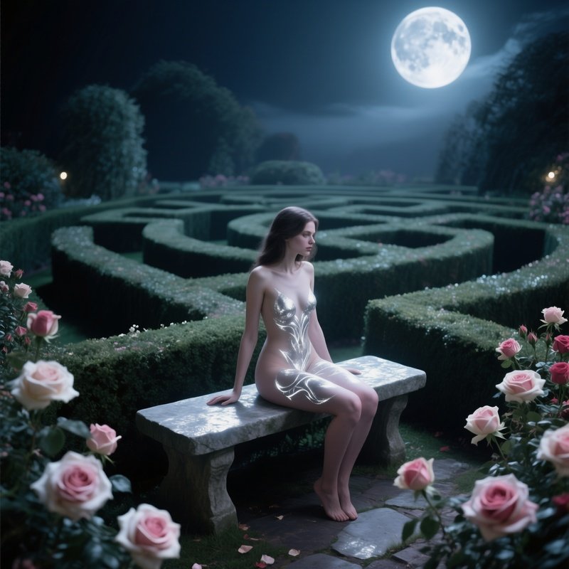 A Moonlit Garden Maze, A Naked Woman Perched On A Stone Bench, Silver Light Casting Delicate