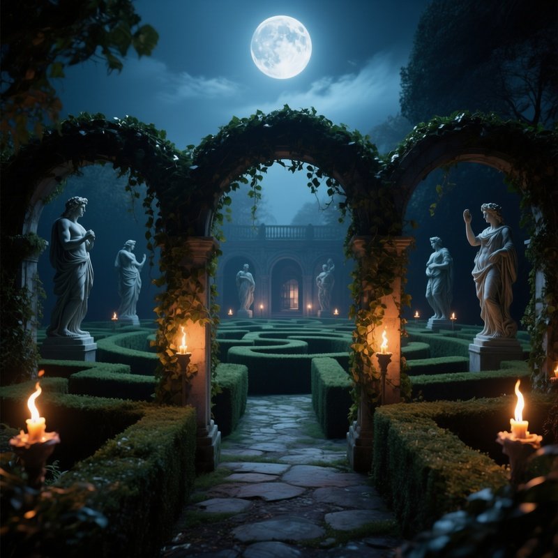 A Moonlit Garden Maze Entrance Adorned With Torches, Ivy Covered Arches Leading To Hidden