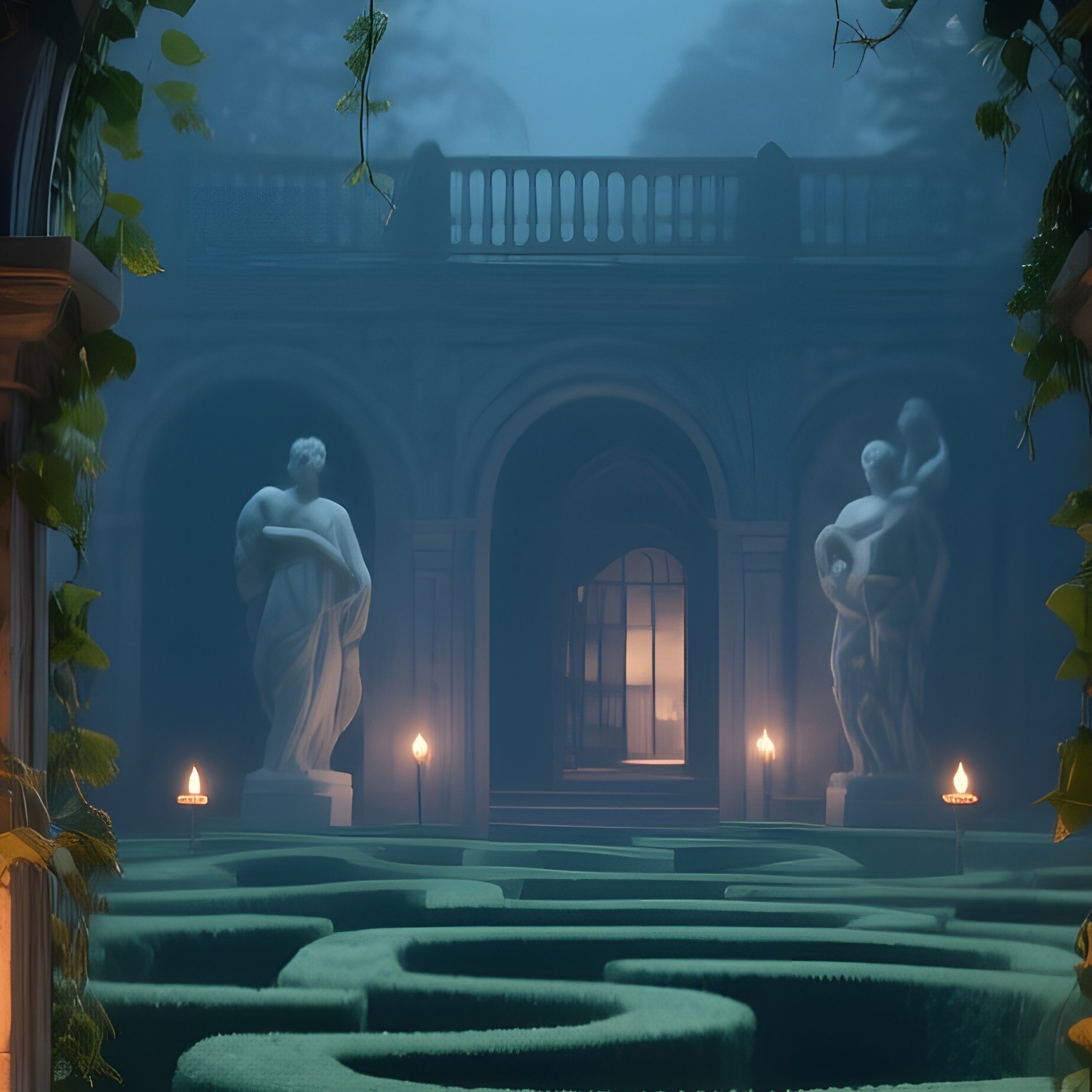 A Moonlit Garden Maze Entrance Adorned With Torches, Ivy Covered Arches Leading To Hidden - Full Resolution Quality Preview