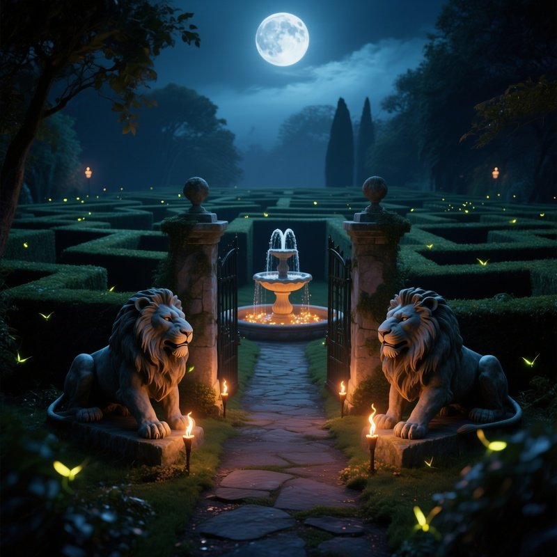 A Moonlit Garden Maze Entrance Guarded By Stone Lions, Torches Flickering Along The Path Leading To