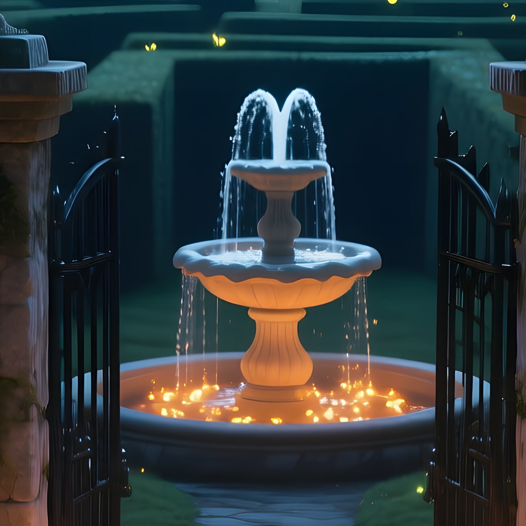 A Moonlit Garden Maze Entrance Guarded By Stone Lions, Torches Flickering Along The Path Leading To - Full Resolution Quality Preview