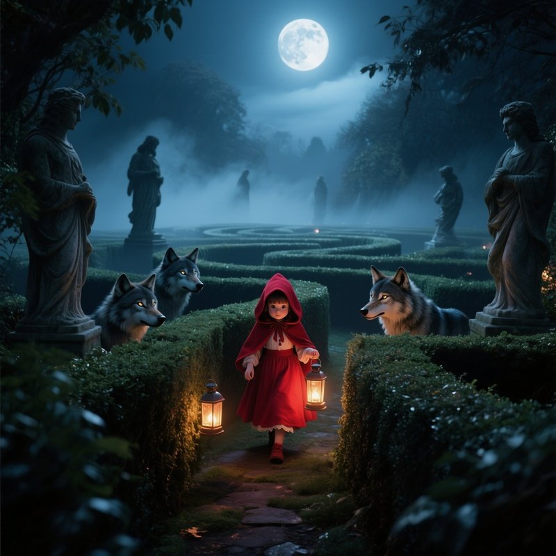 A Moonlit Garden Maze Where Little Red Riding Hood Follows Lanterns Through Hedges, Wolves’ Eyes
