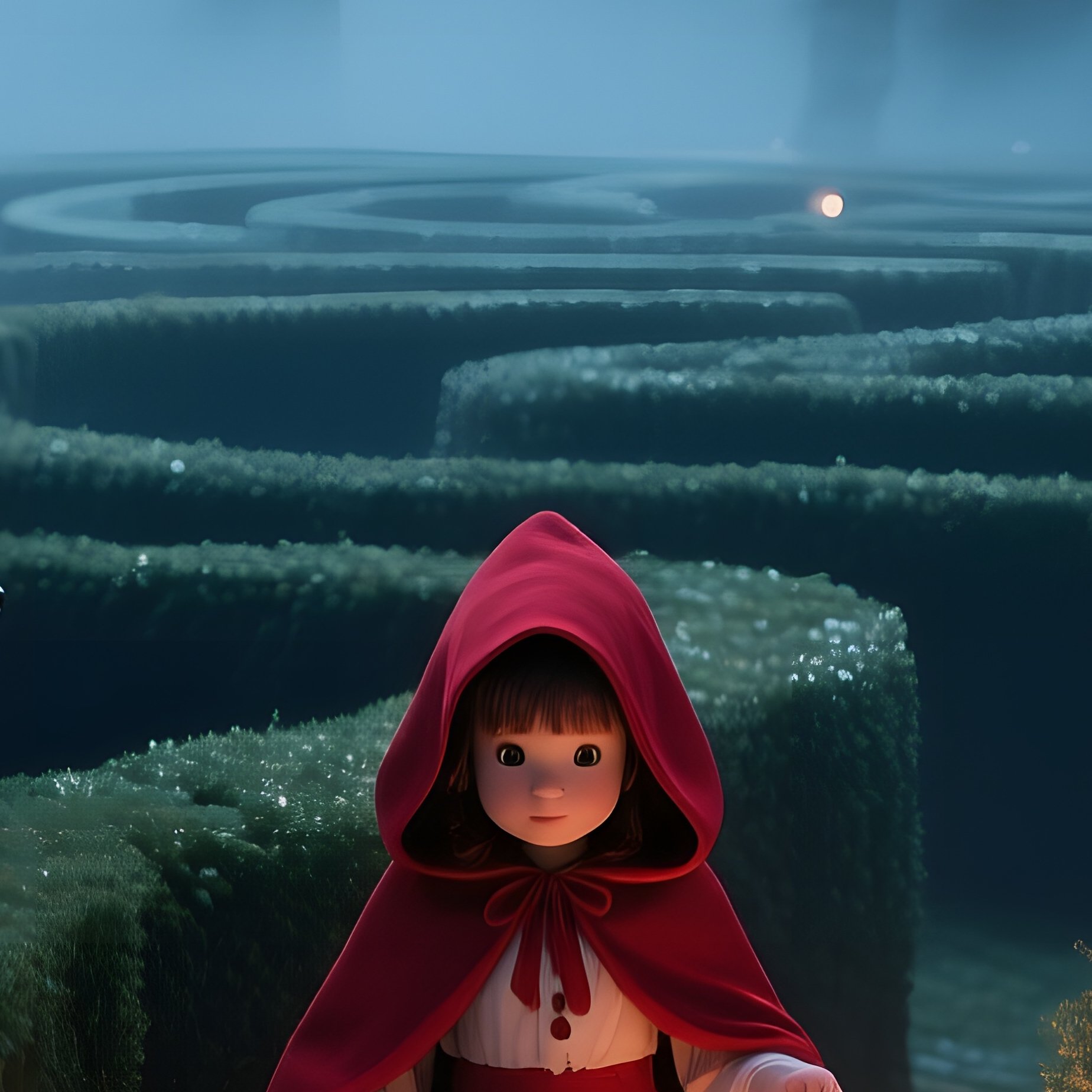 A Moonlit Garden Maze Where Little Red Riding Hood Follows Lanterns Through Hedges, Wolves’ Eyes - Full Resolution Quality Preview