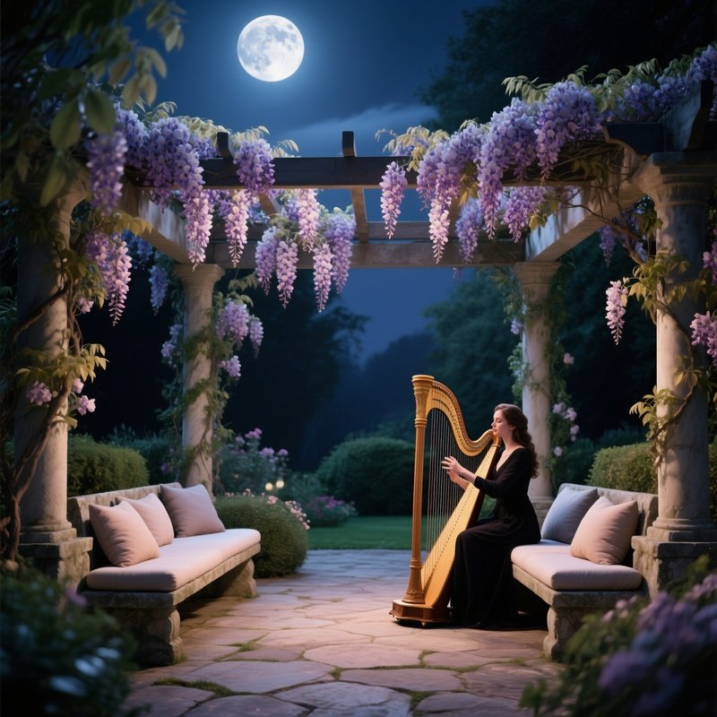 A Moonlit Garden Pergola Draped With Blooming Wisteria, Soft Cushions On Stone Benches, And A