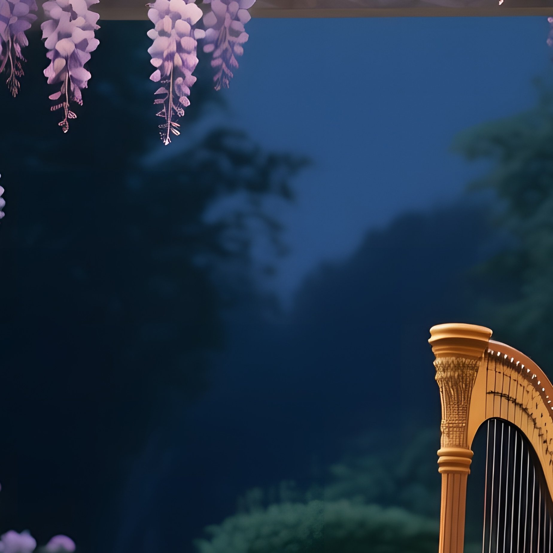 A Moonlit Garden Pergola Draped With Blooming Wisteria, Soft Cushions On Stone Benches, And A - Full Resolution Quality Preview