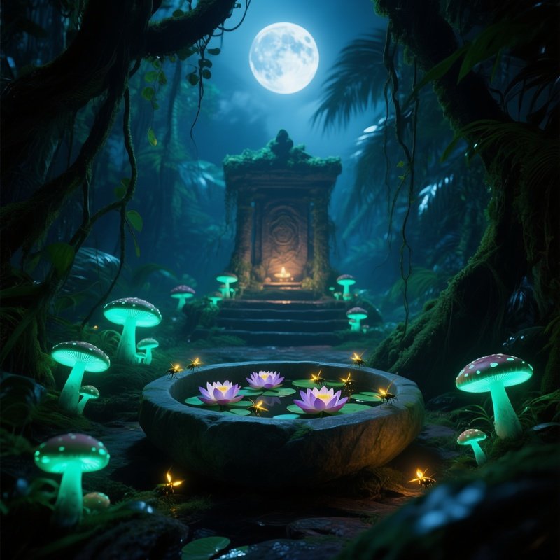 A Moonlit Jungle Altar Hidden Among Vines, Bioluminescent Fungi Casting An Ethereal Glow On A Stone