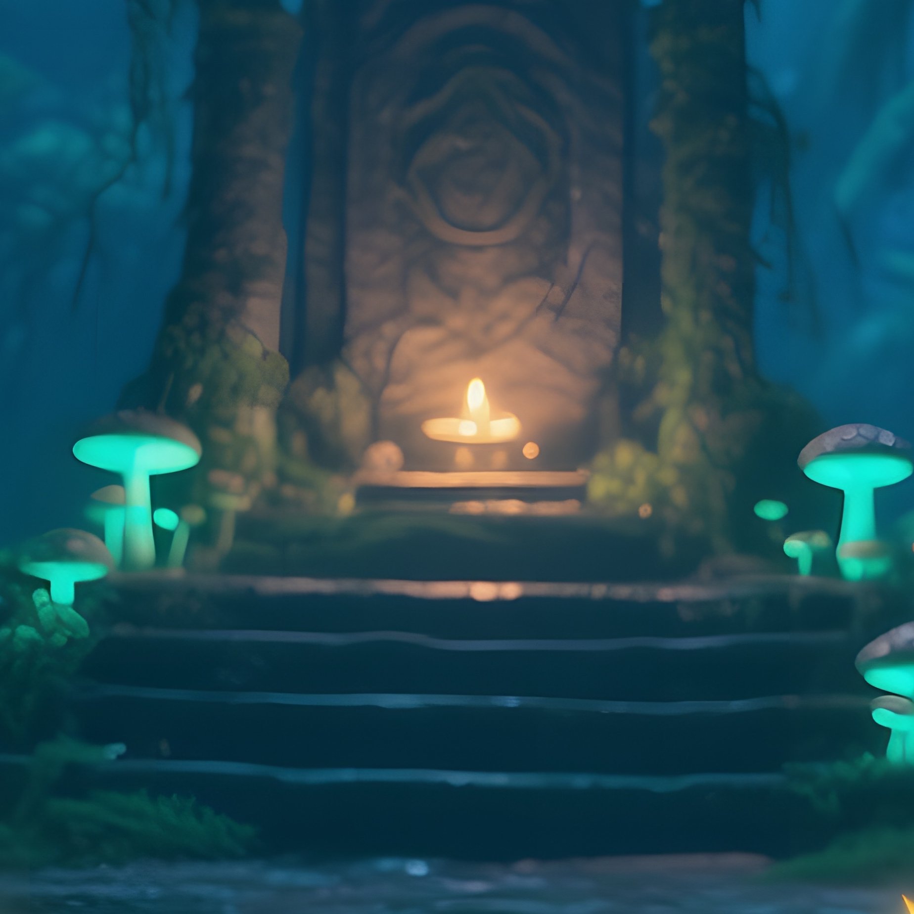 A Moonlit Jungle Altar Hidden Among Vines, Bioluminescent Fungi Casting An Ethereal Glow On A Stone - Full Resolution Quality Preview