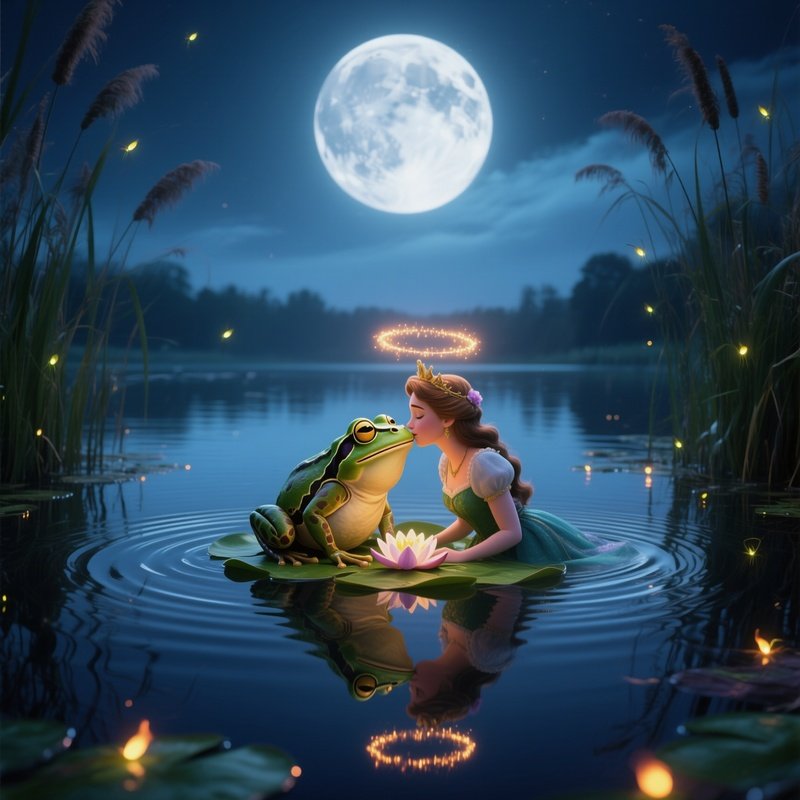 A Moonlit Lake Reflecting A Full Moon Where The Frog Prince Kisses A Lily Pad Princess, Ripples