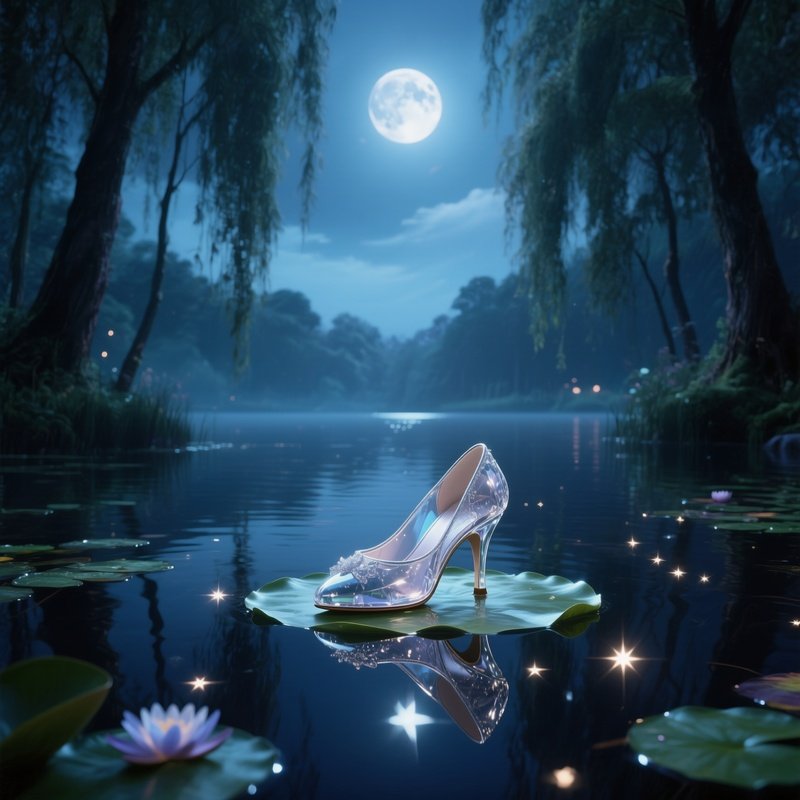 A Moonlit Lake Surrounded By Towering Willows Where Cinderella’S Glass Slipper Rests On A Lily Pad,