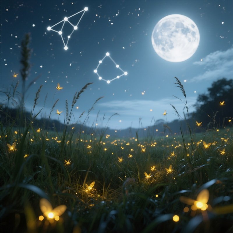 A Moonlit Meadow Filled With Fireflies, Their Golden Lights Flickering Like Stars Against Tall