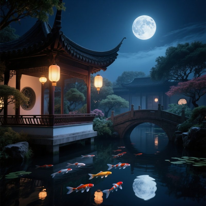 A Moonlit Night At A Chinese Garden Pavilion, Lanterns Casting Gentle Glow On Koi Swimming Beneath