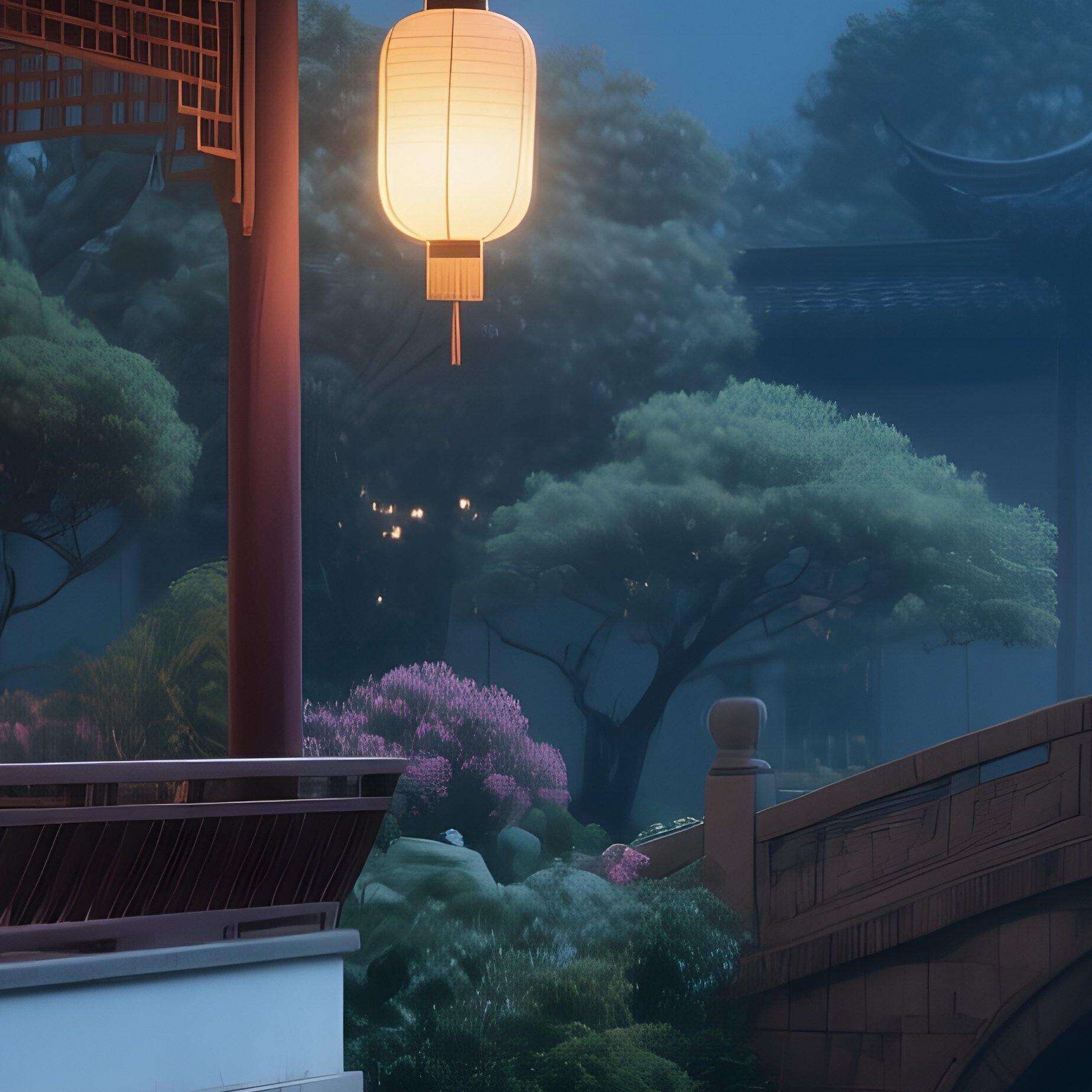 A Moonlit Night At A Chinese Garden Pavilion, Lanterns Casting Gentle Glow On Koi Swimming Beneath - Full Resolution Quality Preview