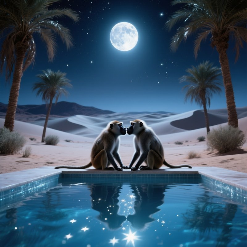 A Moonlit Night In A Desert Oasis With Palm Trees, Two Baboons Sit Beside A Crystal‑Clear Pool And
