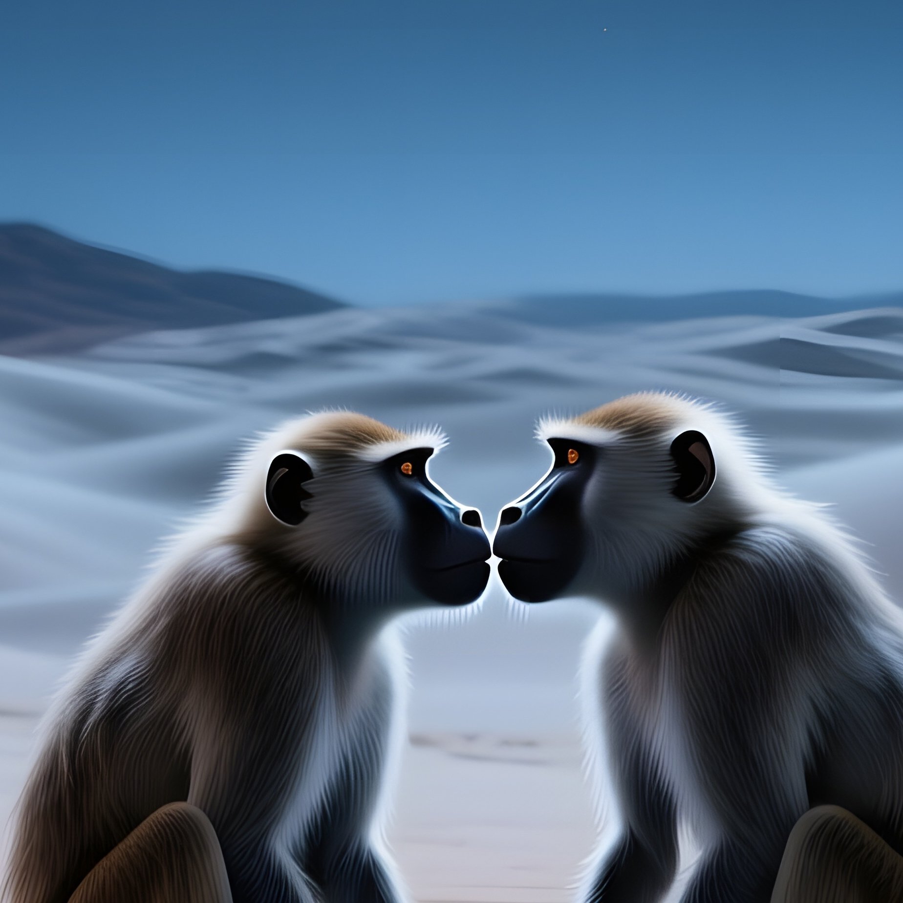 A Moonlit Night In A Desert Oasis With Palm Trees, Two Baboons Sit Beside A Crystal‑Clear Pool And - Full Resolution Quality Preview