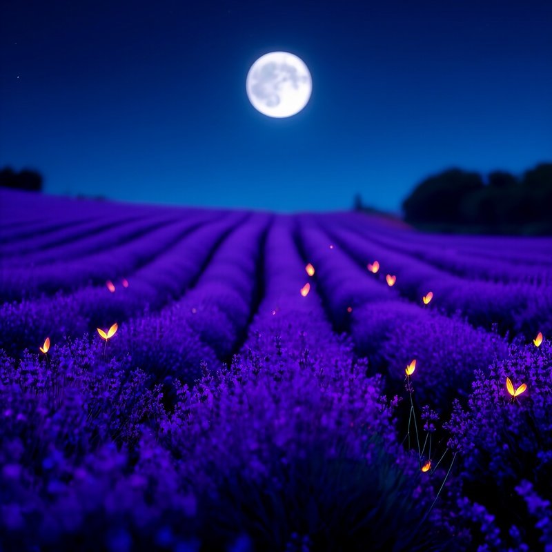 A Moonlit Night In A Lavender Field, Rows Of Purple Blooms Glowing Softly Under Silvery Lunar