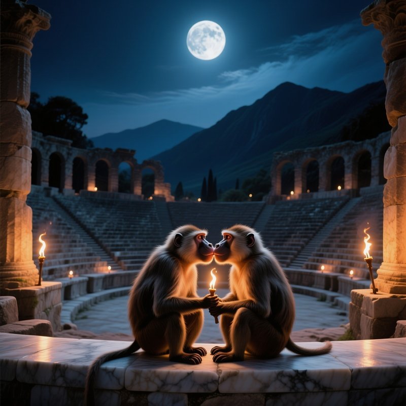 A Moonlit Night In An Ancient Stone Amphitheater, Two Baboons Sit On The Marble Seats And Share A