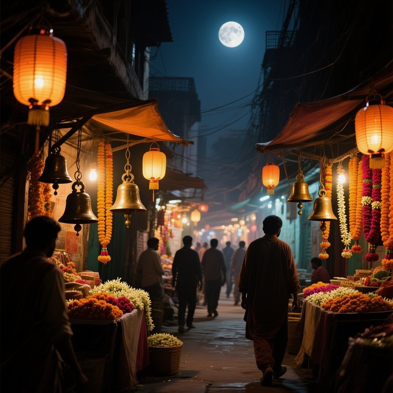 A Moonlit Night Market In Delhi, Lanterns Casting Amber Glows On Stalls Selling Jasmine Garlands,