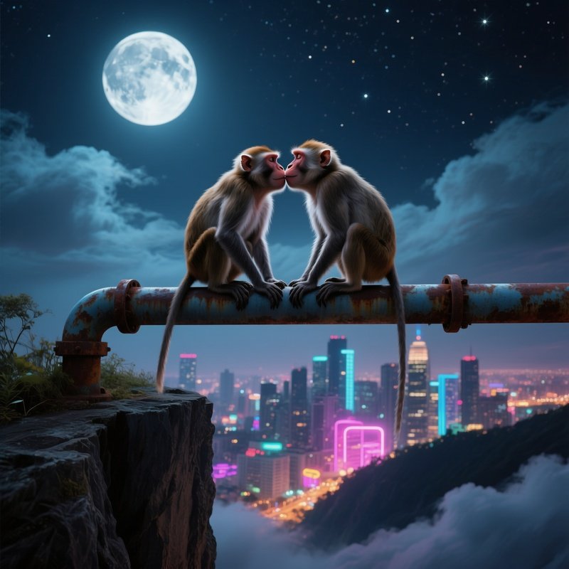 A Moonlit Night On A Cliffside Overlooking A City Skyline, Two Urban Macaques Perched On A Rusted