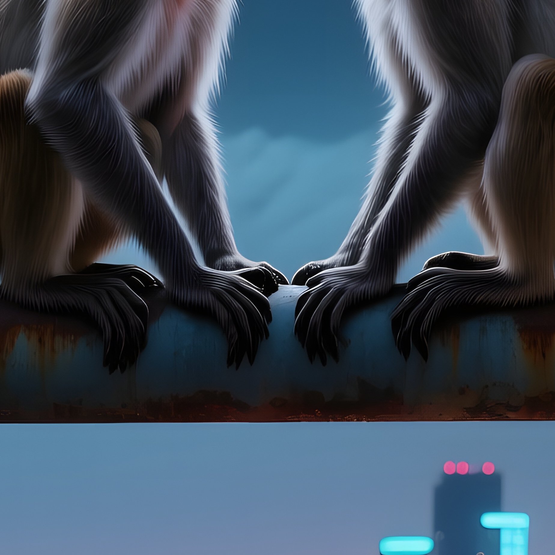 A Moonlit Night On A Cliffside Overlooking A City Skyline, Two Urban Macaques Perched On A Rusted - Full Resolution Quality Preview