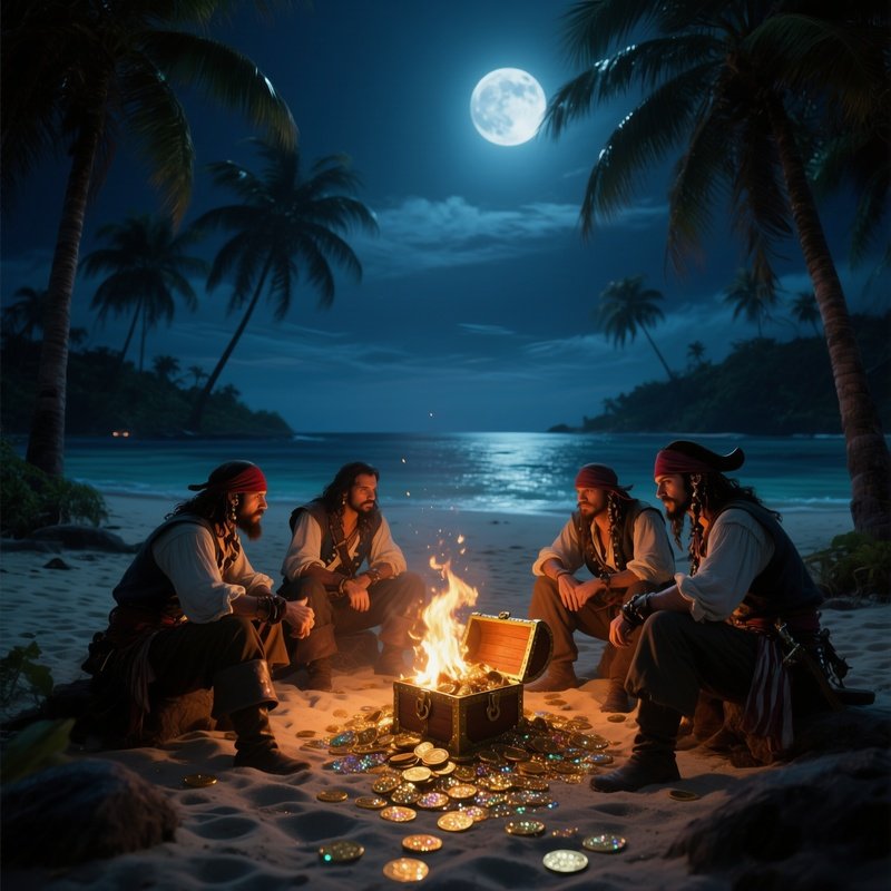 A Moonlit Night On A Deserted Tropical Island Shows A Pirate Crew Gathered Around A Crackling Fire,