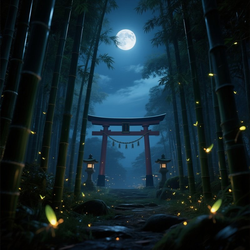 A Moonlit Night On A Japanese Bamboo Grove, Fireflies Flickering Among Towering Stalks, A Distant