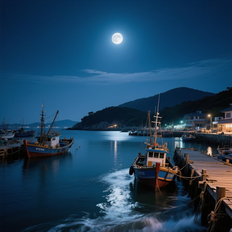 A Moonlit Night Over A Korean Island Harbor, Fishing Boats Anchored, Gentle Tide Lapping Against