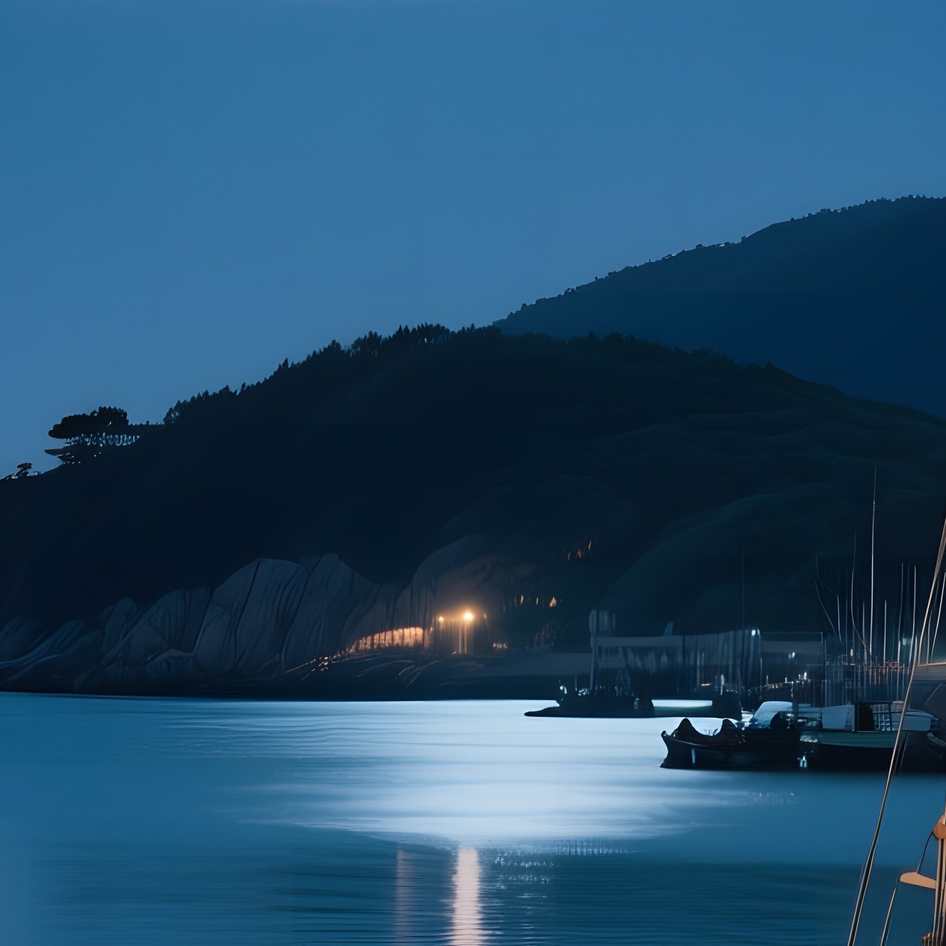 A Moonlit Night Over A Korean Island Harbor, Fishing Boats Anchored, Gentle Tide Lapping Against - Full Resolution Quality Preview