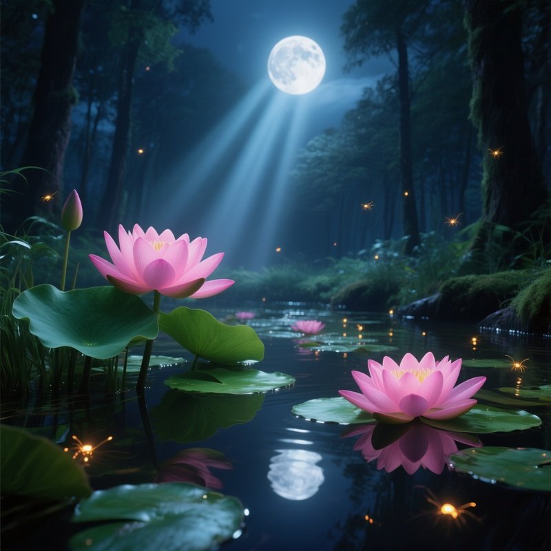A Moonlit Night Scene Of A Shallow Forest Pond, Silver Moonbeams Illuminating Large Pink Lotus