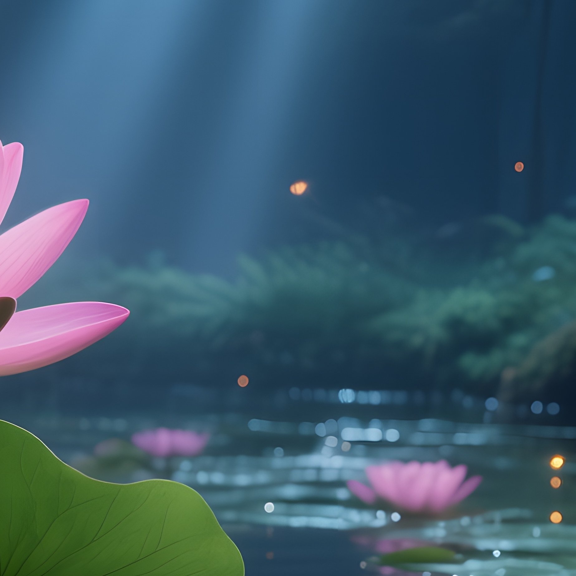 A Moonlit Night Scene Of A Shallow Forest Pond, Silver Moonbeams Illuminating Large Pink Lotus - Full Resolution Quality Preview