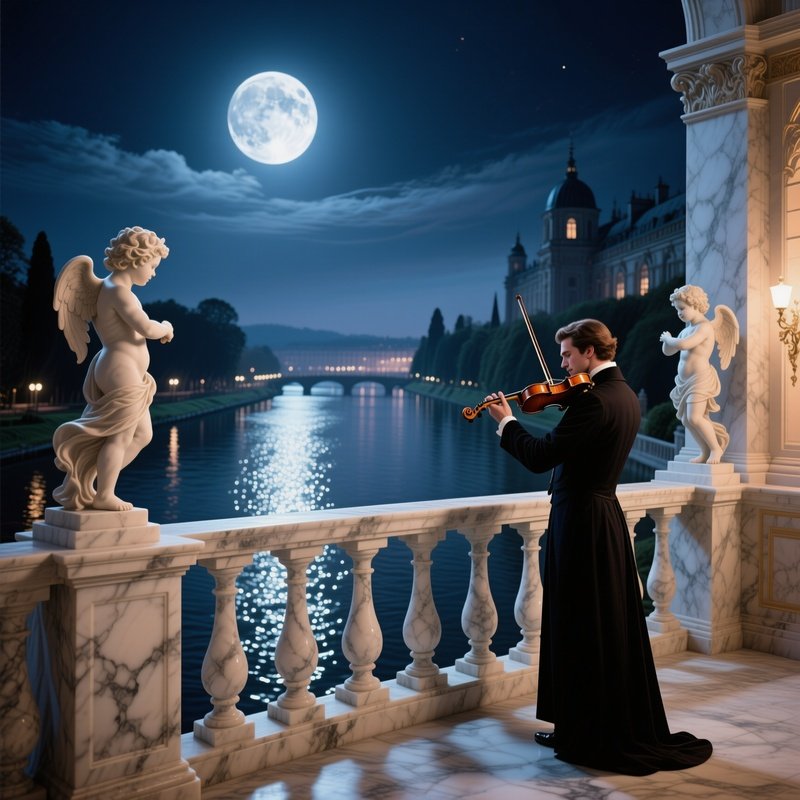 A Moonlit Palace Balcony Overlooking A Glittering River, Marble Balustrades Adorned With Cherubs,