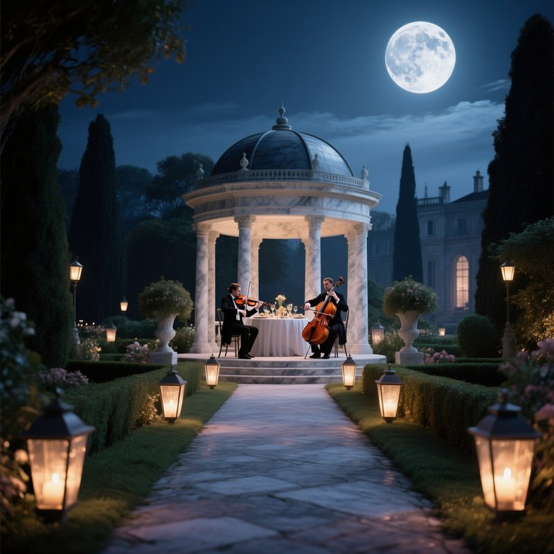 A Moonlit Palace Garden Path Lined With Lanterns, Leading To A Marble Pavilion Where A String
