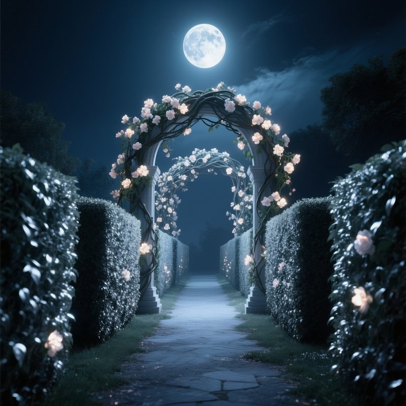 A Moonlit Pathway Lined With Towering Hedges Whose Leaves Emit A Faint Silver Glow, Leading To A