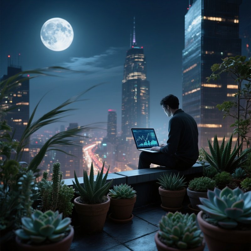 A Moonlit Rooftop Garden Atop A Skyscraper, Wind Rustling Through Potted Succulents, A Figure