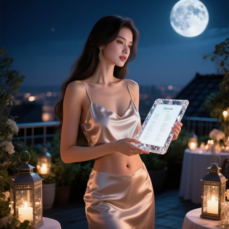 A Moonlit Rooftop Garden Party, A Glamorous Lady In A Silk Slip Dress Exposing Shoulders And
