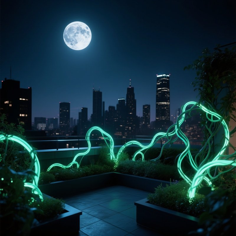 A Moonlit Rooftop Garden Where Bioluminescent Paint On Sculptural Vines Glows Softly, Contrasting