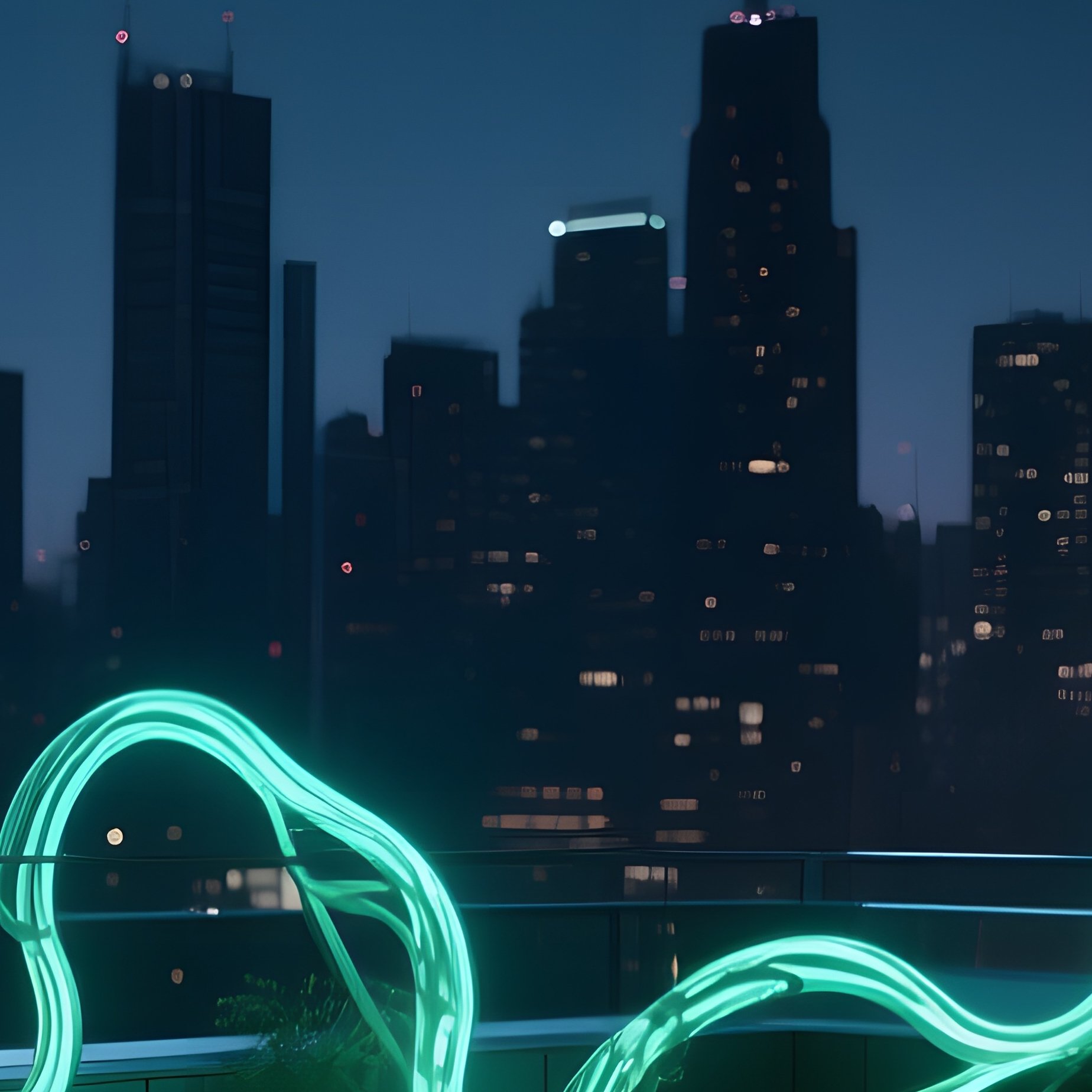 A Moonlit Rooftop Garden Where Bioluminescent Paint On Sculptural Vines Glows Softly, Contrasting - Full Resolution Quality Preview